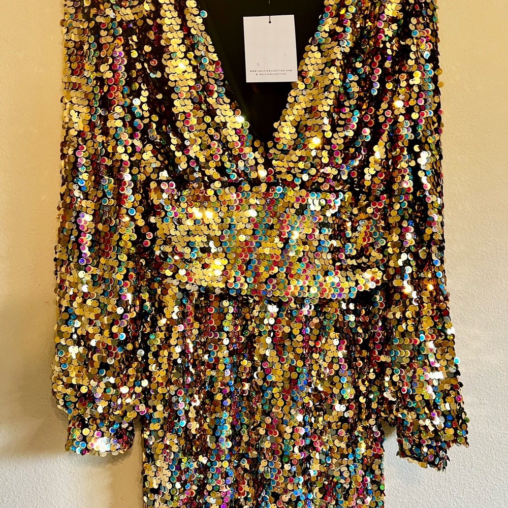 NWT DELFI COLLECTIVE Gold Sequence mini cocktail dress Made in the USA 🇺🇸